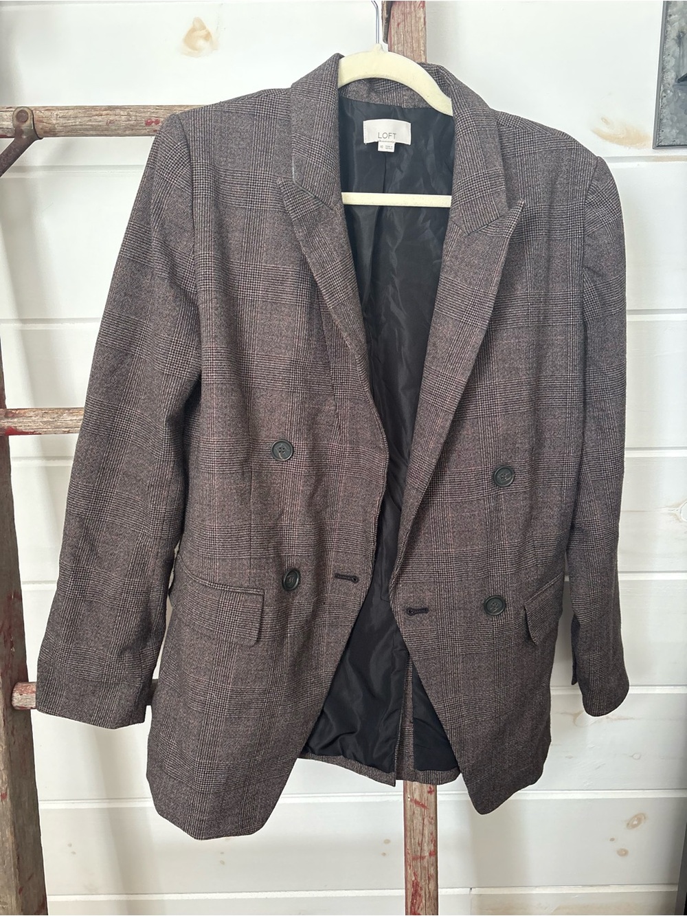 LOFT Brown Plaid Double-Breasted Blazer with Subtle Rust Accents